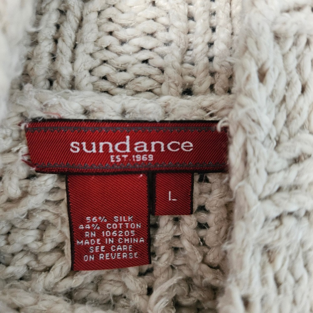 Sundance Beige Diamond Cable Knit Turtle Neck Sweater Silk Cotton Womens Large - Picture 3 of 5